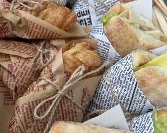 Conjunto de papel para sanduíches, folhas de jornal, barbante para exposição de alimentos, buffet, eventos, casamento, brunch, estação de pastagem, comida, lembrancinha, padaria