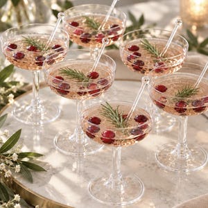 May include: Six clear plastic coupe glasses filled with a sparkling pink beverage, each garnished with fresh red cranberries and a sprig of green rosemary. Each glass contains a transparent plastic stirrer with a small ball at the top.