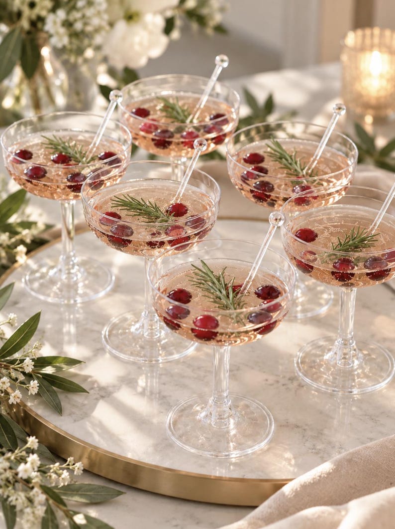 May include: Six clear plastic coupe glasses filled with a sparkling pink beverage, each garnished with fresh red cranberries and a sprig of green rosemary. Each glass contains a transparent plastic stirrer with a small ball at the top.