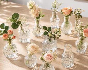 Jarrones de vidrio para flores, pequeños jarrones transparentes para centros de mesa, mini jarrones de vidrio surtidos para despedidas de soltera y arreglos florales para bodas.