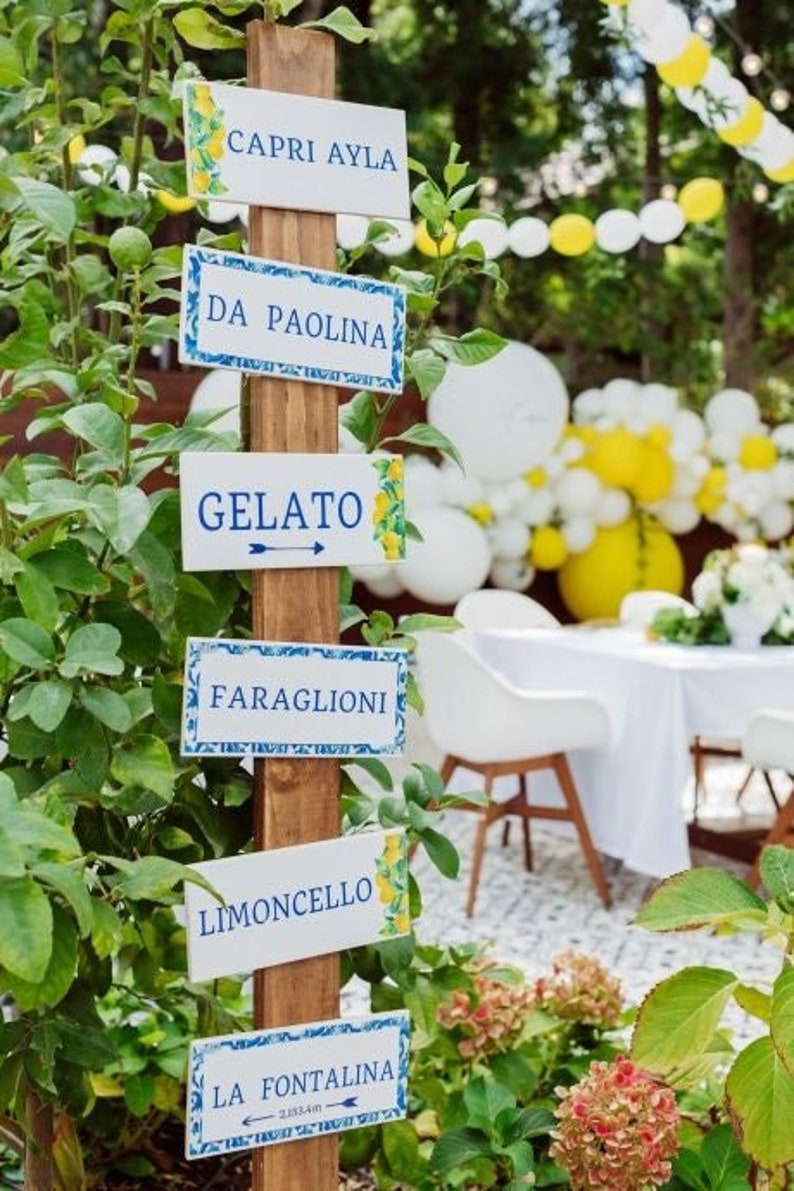Blue Tiles and Lemon Wedding Signposts Italian Themed Amalfi Coast Positano Party Decor Mediterranean Italy Road Signs Bridal Shower Wedding
