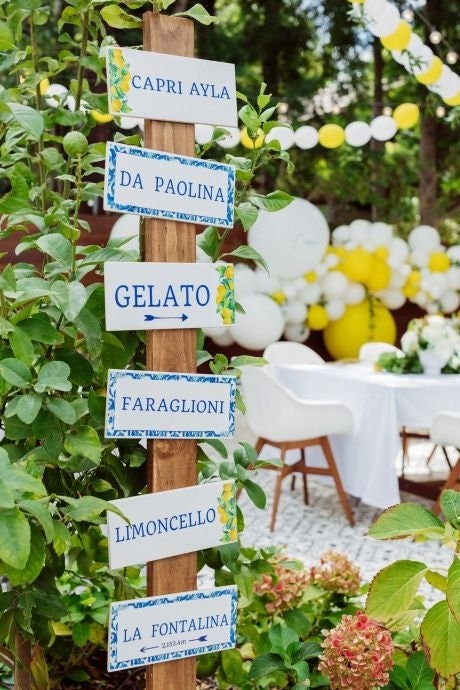 Blue Tiles and Lemon Wedding Signposts Italian Themed Amalfi Coast Positano Party Decor Mediterranean Italy Road Signs Bridal Shower Wedding