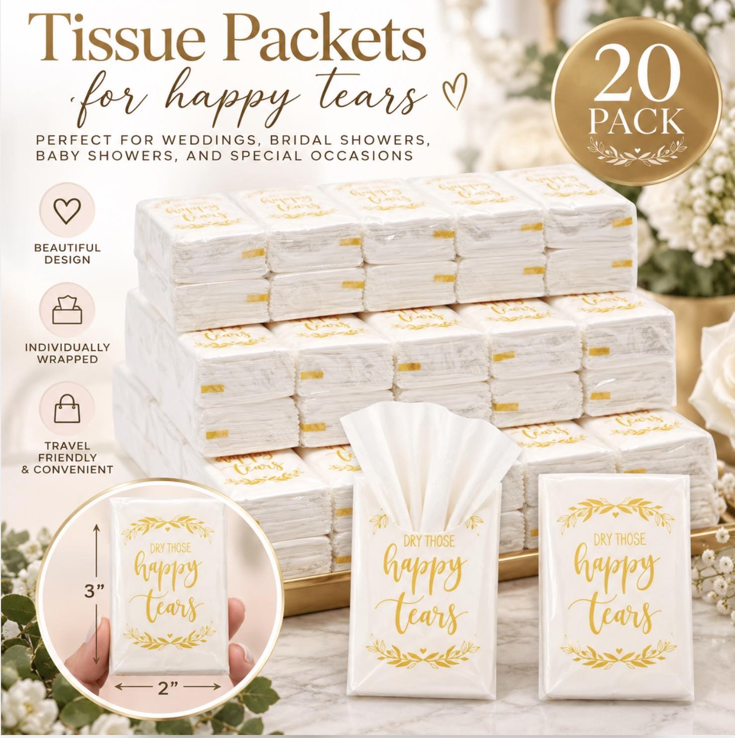 ポケットティッシュ 金色 2パック 結婚式ゲスト用ティッシュパック 幸せな涙を拭くポケットティッシュ