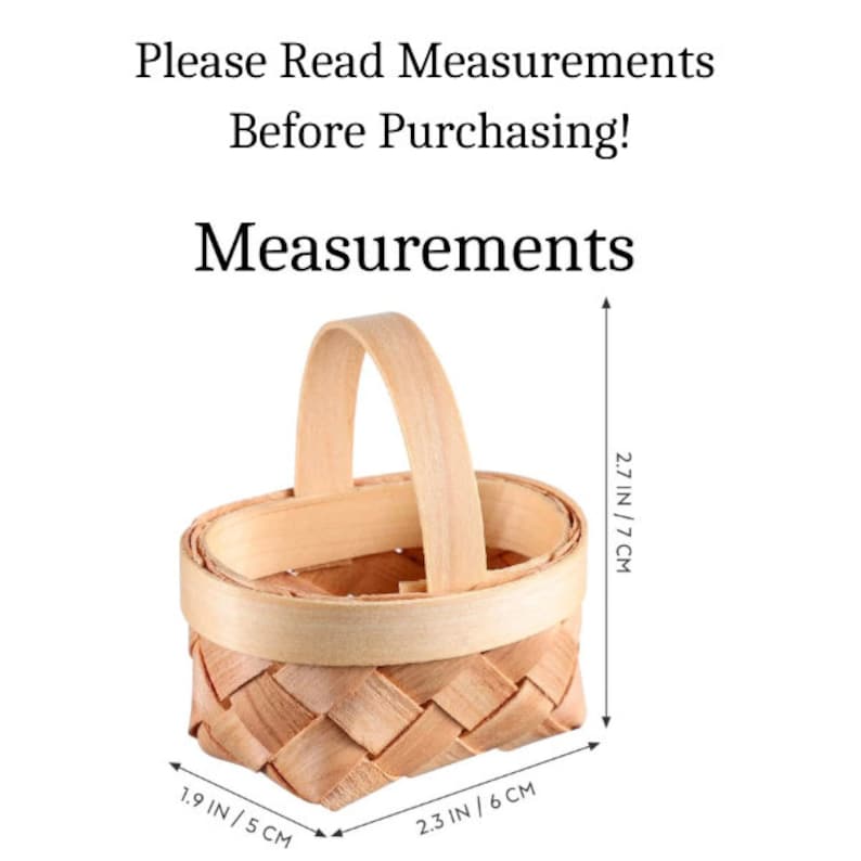 May include: A small, natural woven basket with a wooden handle. The basket measures 2.7 inches tall, 2.3 inches wide, and 1.9 inches deep.