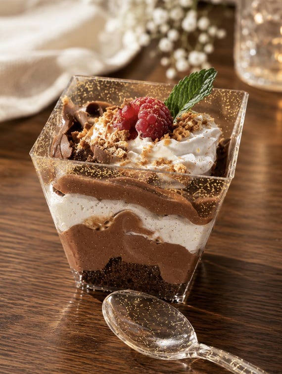 Glitzernde Dessert-Parfait-Becher mit Mini-Löffeln, Vorspeisenbecher für Partys, Mini-Dessertbecher aus transparentem Kunststoff, Dessertpräsentation, Gold/Silber