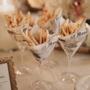 Acrylic Martini Cups with Newspaper Cones for French Fries | Wedding Appetizer Display | French Fry Appetizer Cups