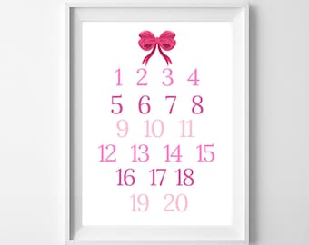 Placa de números rosa para decoração de berçário de meninas, arte de parede para sala de jogos, decoração inspiradora para quarto de meninas, pôster para impressão, download digital