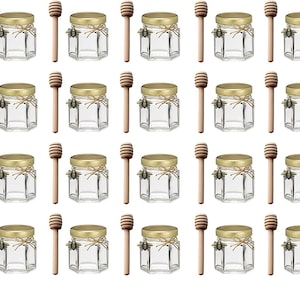 Mini Honey Jar Favors Empty Glass Honey Jars with Gold Lids Wooden Dipper Bee Charms Small Honey Jars for Baby Shower Wedding Party Favor