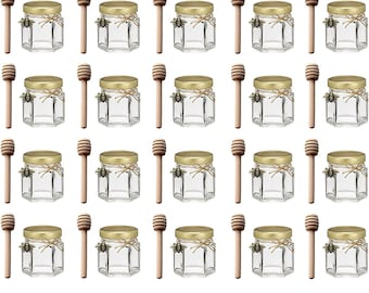 Mini Honigglas Bevorzugungen leere Glashoniggläser mit Golddeckeln hölzernen Dipper-Bienen-Charms Kleine Honiggläser für Babyparty-Hochzeitsfestbevorzugung