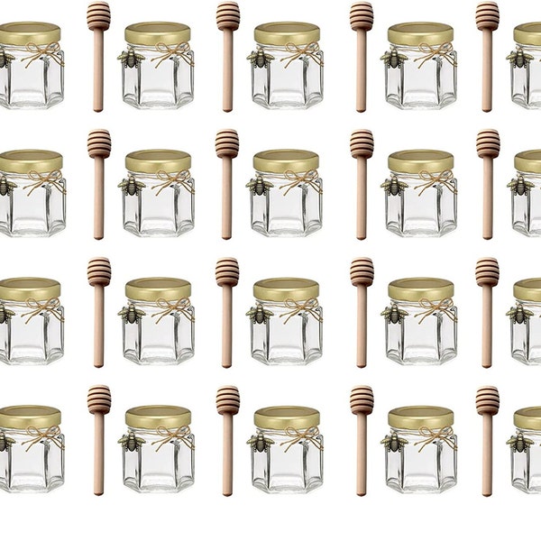 Mini Honey Jar Favors Empty Glass Honey Jars with Gold Lids Wooden Dipper Bee Charms Small Honey Jars for Baby Shower Wedding Party Favor