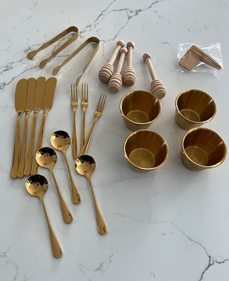 Image of Charcuterie Stainless Steel Set: Knives, Tongs, Spoons Forks, Toothpick, Honey Dipper, Tags