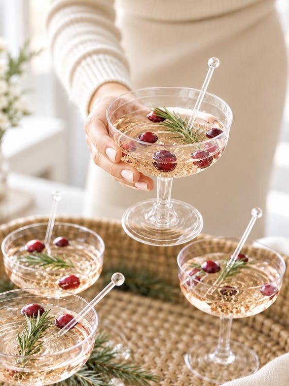 Clear Acrylic Plastic Champagne Glasses and Plastic Drink Swizzle Sticks for Holiday Cocktail Drinks Catered Event Drink Display