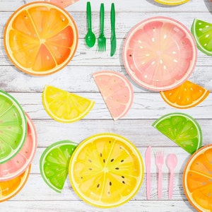 Tutti Fruity Citrus Fruit Party Plates Cups Napkins Cutlery Set for Kids Birthday Party Decoration Fruit Theme Bday Celebration Decor 24 Set