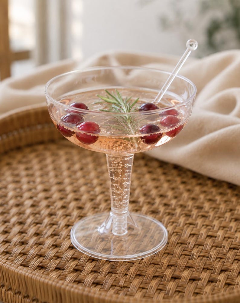 May include: A clear plastic coupe glass filled with a light pink sparkling beverage, garnished with fresh red cranberries and a sprig of green rosemary. A clear plastic stirrer is inside the glass, which features a textured stem.