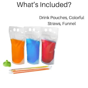 May include: Three clear plastic pouches filled with orange, blue, and red liquid. A green funnel and colourful straws are included. "Drink Pouches, Colorful Straws, Funnel" is written above the pouches.