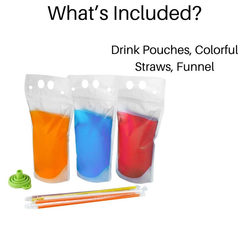 May include: Three clear plastic pouches filled with orange, blue, and red liquid. A green funnel and colourful straws are included. "Drink Pouches, Colorful Straws, Funnel" is written above the pouches.