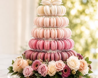 Könnte beinhalten: Ein mehrstöckiger Ständer aus klarem Acryl präsentiert einen Farbverlauf aus Macarons, der oben mit Weiß beginnt, über Rosatöne verläuft und unten mit dunklem Pflaumenton endet. Das Arrangement ist mit frischen Rosen und Gänseblümchen verziert.