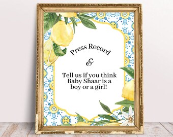 Placa de adivinhação com tema italiano de limão para chá de bebê, chá de panela, azulejo amarelo azul, impressão neutra em termos de gênero, download instantâneo