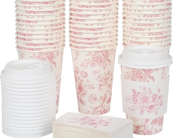 Pink Toile Floral Coffee Cups with Lids & Sleeves: Bridal Shower Decor