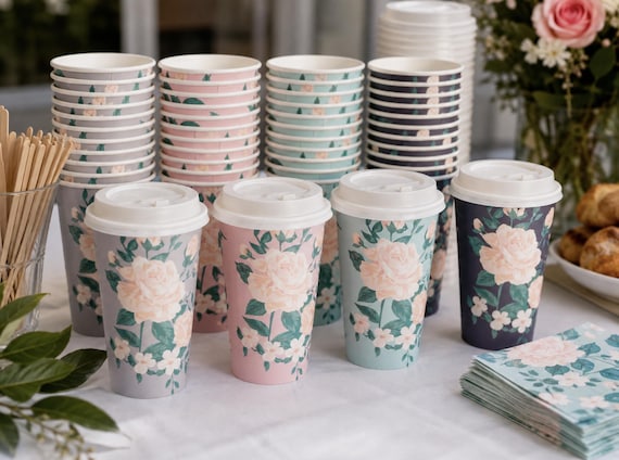 coffee dsiposable cup Floral Paper Insulated 16 oz Disposable Cups w/Lids for Bridal Baby Shower Wedding Floral Floral Garden Party Decor Color:Blue Silk quiz including 8oz b12 injection clinic Vitamin