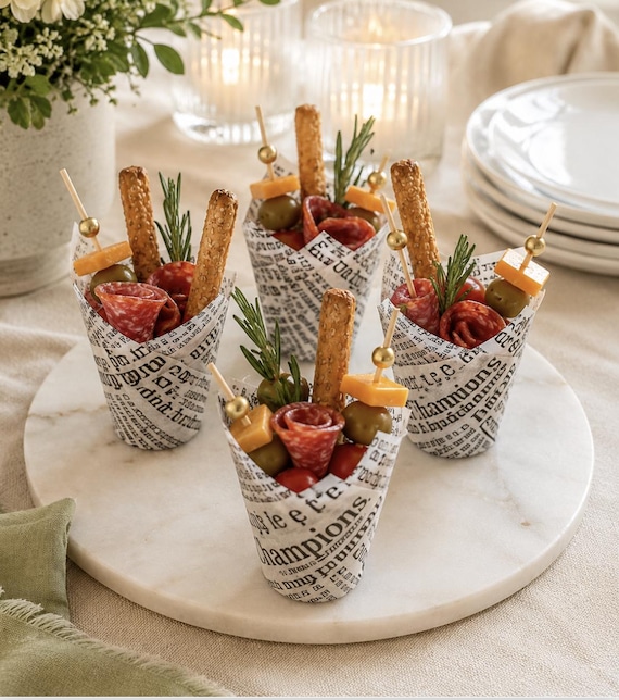 French Newspaper Charcuterie Favor Cups and Toothpicks for