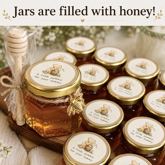 Mini-Honiggläser als Gastgeschenke gefüllt mit Honig, Honiggläser aus Glas mit goldenen Deckeln, Holzlöffel mit Bienenanhängern, kleine Honiggläser als Gastgeschenk für Babypartys, Hochzeiten und andere Feiern