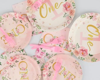 1st Birthday Paper Party Plates Napkins Forks Pink Gold Disposable Kids Disposable Plates Set Baby Girl First Birthday Plate Set