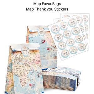 World Map Travel Themed Party Favor Goodie Treat Candy Bags and Stickers for Bridal Shower Wedding Favor Dessert Display Macaron Donut Favor