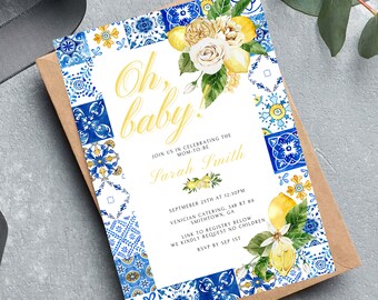 Convite para chá de bebê com limão, modelo mediterrâneo, azulejos azuis italianos, festa temática de Positano, download instantâneo, modelo para impressão