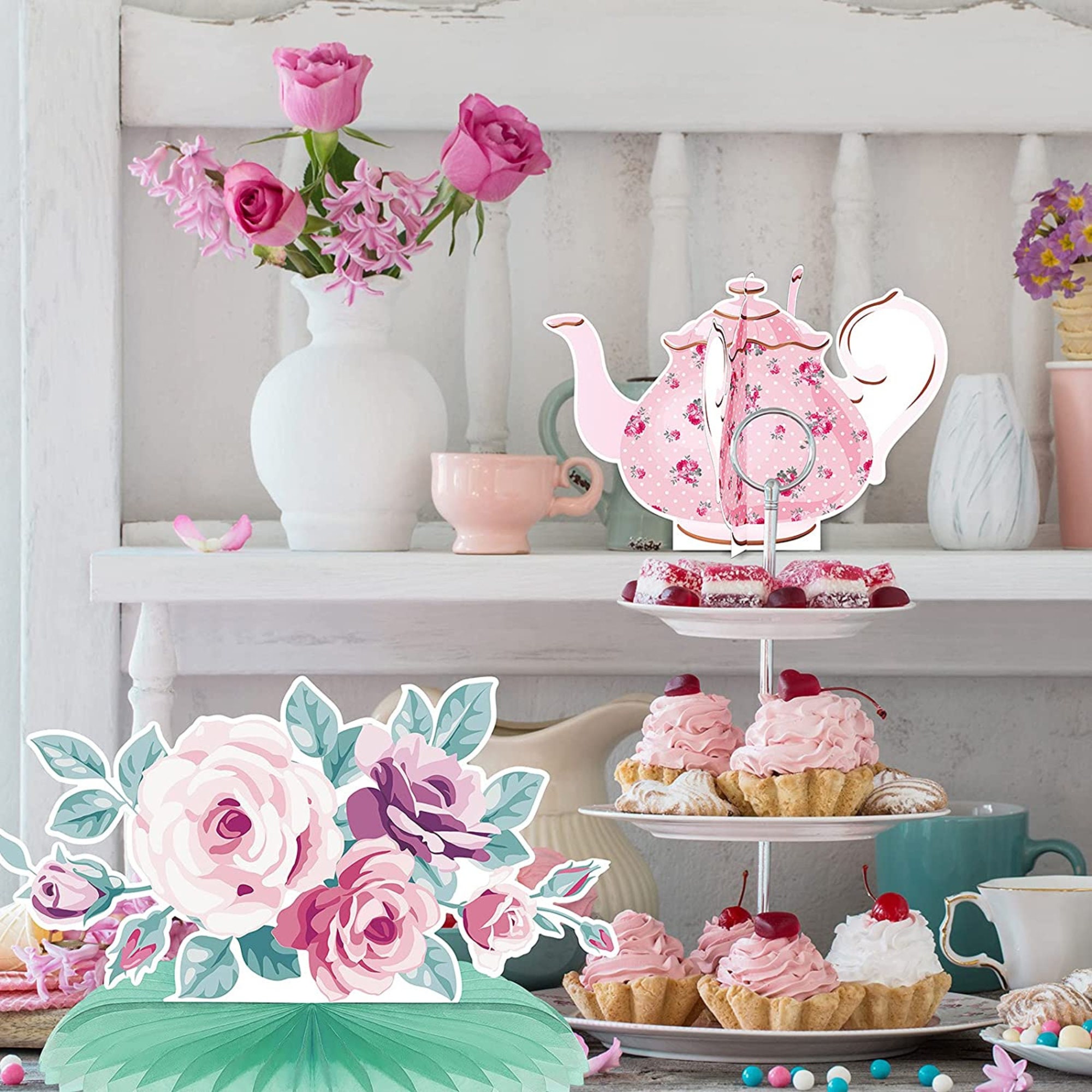 Lot De 12 Centres De Table Théière Florale – Décoration De Goûter Pour Anniversaire Princesse, Baby Shower, Mariage