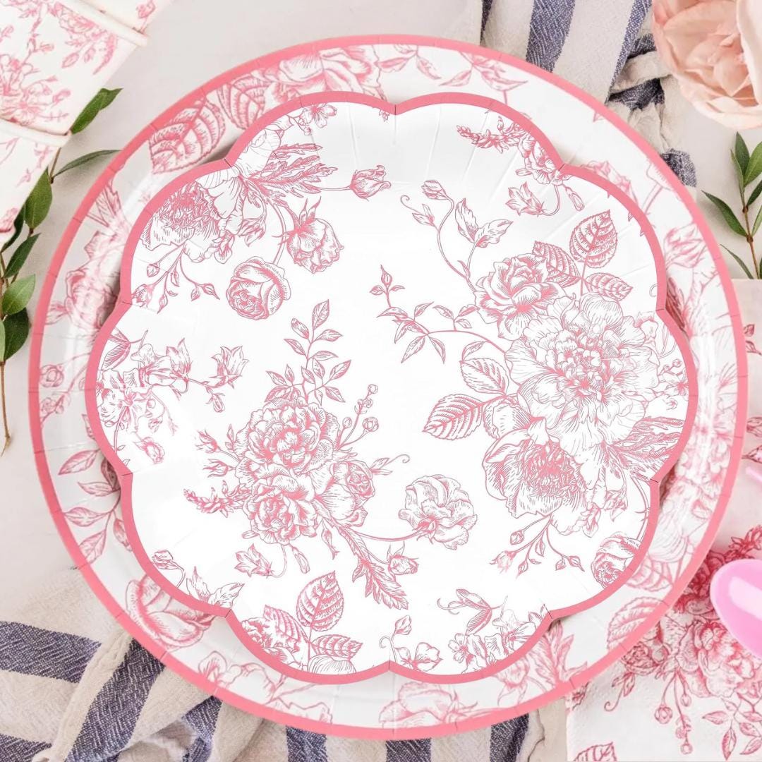 Pink Toile Paper Plates: Floral Party Plates, 16 Set