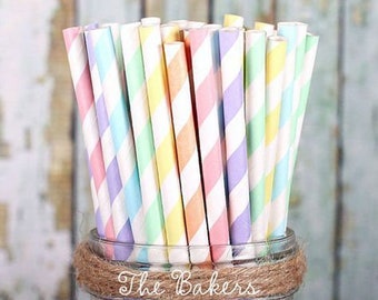 Pack of 25 Pastel Striped Paper Party Straws Ice Cream Party Decor Kids Birthday Party Cake Pop Topper Girls Bday Party