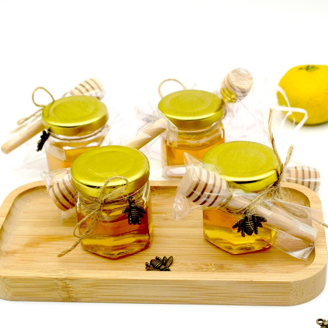 Mini Honey Jar Favors Glass Honey Jars With Gold Lids Wooden Etsy