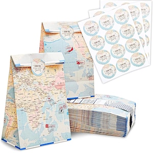 World Map Travel Themed Party Favor Goodie Treat Candy Bags and Stickers for Bridal Shower Wedding Favor Dessert Display Macaron Donut Favor