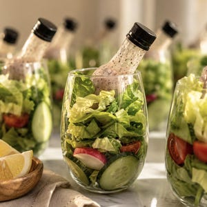 Op de afbeelding: Een helder wijnglas zonder steel gevuld met lagen verse groene sla, gesneden rode radijsjes en komkommerschijfjes. Een klein plastic flesje met een zwarte dop en gespikkelde dressing is in het midden van de salade gestoken.