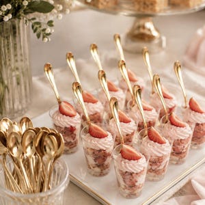 May include: A collection of small clear plastic cups filled with layers of cake and pink cream, each topped with a fresh strawberry slice and a gold-toned metal spoon. A glass container holds a cluster of additional gold-toned metal spoons.