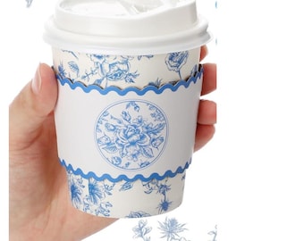 Blue Toile Floral Coffee Cups with Lids & Sleeves: Elegant Party Decor