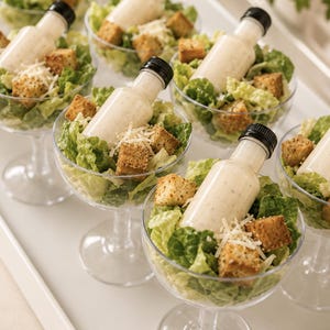 Puede incluir: Porciones individuales de ensalada César en copas de plástico transparente, cada una con una pequeña botella de aderezo cremoso, crotones dorados y queso parmesano rallado, dispuestas en grupo sobre una bandeja blanca.