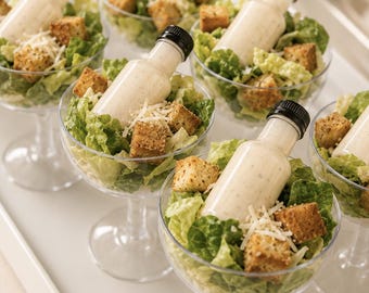 May include: Individual servings of Caesar salad in clear plastic stemmed cups, each topped with golden brown croutons, shredded cheese, and a small clear bottle with a black cap containing creamy white salad dressing.