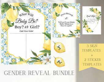 Pacote de placas e adesivos para revelação do sexo do bebê em azulejo azul, amarelo, azulejo azul, gênero italiano, download instantâneo