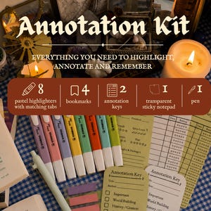 May include: An annotation kit featuring eight pastel highlighters, four bookmarks, two annotation keys, one transparent sticky notepad, and one pen. The text reads Annotation Kit, Everything you need to highlight, annotate and remember.