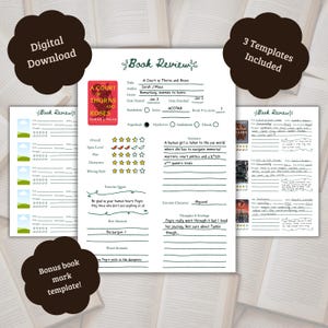 May include: Digital download of book review templates. The templates include a book review form with sections for title, author, and rating, plus a bonus bookmark template. The main template features the book "A Court of Thorns and Roses."