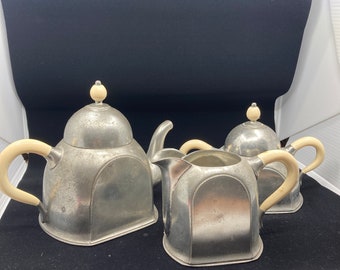 Unique Dutch Century Pewter Art Deco Vintage Miniature Teapot & Creamer, sugar