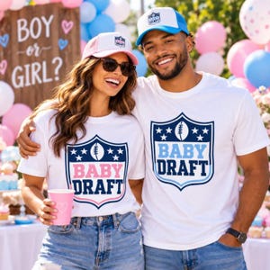 Baby Draft football shield T-Shirt | pregnancy announcement, blue varsity lettering