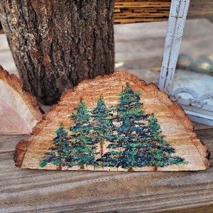 Recycle what you can - painted evergreens on a slice of wood from our woods. Unique look and nature inspired.