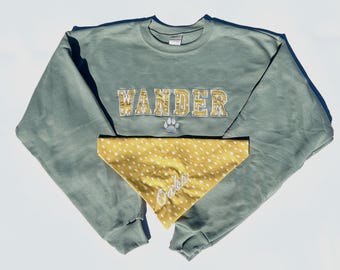 WANDER Sweatshirt and Matching Bandana Set – Custom Embroidered Trail Sweatshirt + Dog Bandana | Adventure Dog Outfit | Gift for Dog Lovers