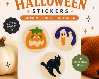 Paquete de pegatinas de galletas de Halloween / 3 pegatinas holográficas / Calabaza, fantasma y gato negro / Lindas pegatinas espeluznantes de Halloween