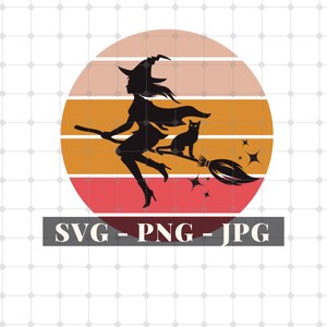 May include: Silhouette of a witch flying on a broomstick with a black cat in front of a retro sunset. The witch is wearing a pointed hat and a long dress. The sunset is in shades of orange, yellow, and pink.