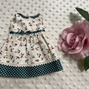 Waldorf Doll Dress Green Flower, Handmade , Natural Fabric, Doll Dress 14&quot;, Dress-Up Doll, Doll Outfit