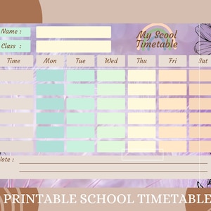 Puede incluir: Horario escolar imprimible con fondo morado y rosa. El horario tiene espacios para cada día de la semana, de lunes a sábado, y para cada hora del día. También hay espacios para el nombre del estudiante, la clase y las notas.